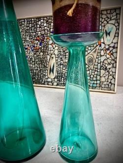 Vintage Trio Set Blenko Candle Holders Vases Blue-Green 9.5' + 13.5 = 20.5