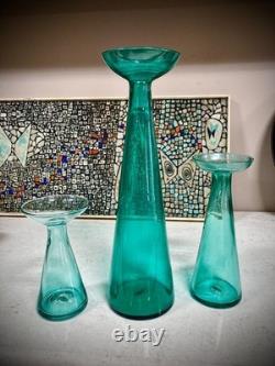 Vintage Trio Set Blenko Candle Holders Vases Blue-Green 9.5' + 13.5 = 20.5