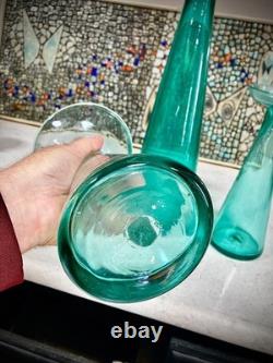 Vintage Trio Set Blenko Candle Holders Vases Blue-Green 9.5' + 13.5 = 20.5