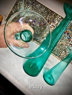 Vintage Trio Set Blenko Candle Holders Vases Blue-Green 9.5' + 13.5 = 20.5