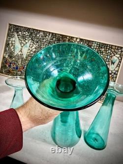 Vintage Trio Set Blenko Candle Holders Vases Blue-Green 9.5' + 13.5 = 20.5