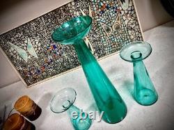 Vintage Trio Set Blenko Candle Holders Vases Blue-Green 9.5' + 13.5 = 20.5