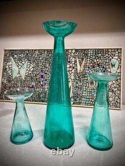 Vintage Trio Set Blenko Candle Holders Vases Blue-Green 9.5' + 13.5 = 20.5