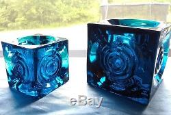 Vintage VIKING Glass BULLSEYE Blue Candle Holder 3 1/2 and 2 1/2 Bluenique