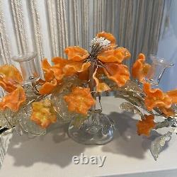 Vintage Venetian Murano Glass Orange Flower Candlestick Holder Art Deco Decor