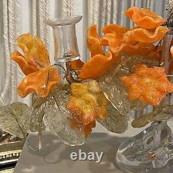 Vintage Venetian Murano Glass Orange Flower Candlestick Holder Art Deco Decor