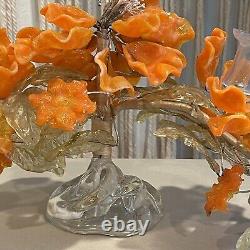 Vintage Venetian Murano Glass Orange Flower Candlestick Holder Art Deco Decor