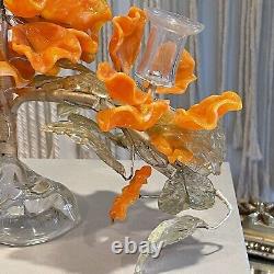 Vintage Venetian Murano Glass Orange Flower Candlestick Holder Art Deco Decor