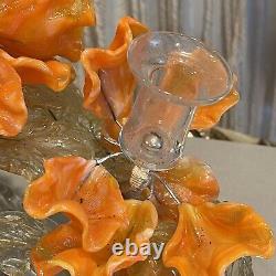 Vintage Venetian Murano Glass Orange Flower Candlestick Holder Art Deco Decor