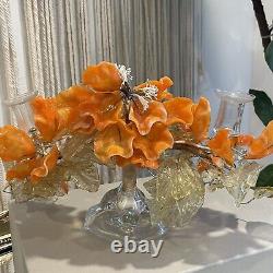 Vintage Venetian Murano Glass Orange Flower Candlestick Holder Art Deco Decor