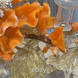 Vintage Venetian Murano Glass Orange Flower Candlestick Holder Art Deco Decor