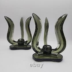 Vintage Viking Glass Hurricane Candle Holders Smokey Charcoal Color #1287