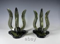 Vintage Viking Glass Hurricane Candle Holders Smokey Charcoal Color #1287