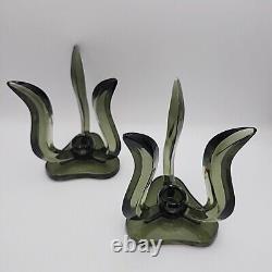 Vintage Viking Glass Hurricane Candle Holders Smokey Charcoal Color #1287