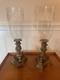 Vintage Warren Kessler Brass & Etched Glass Hurricane Candle Holders