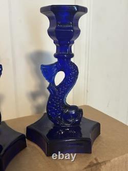Vintage Westmoreland Cobalt Glass Dolphin Koi Fish Candle Holders 9 3/8 Inch
