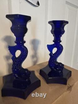 Vintage Westmoreland Cobalt Glass Dolphin Koi Fish Candle Holders 9 3/8 Inch