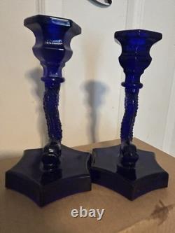 Vintage Westmoreland Cobalt Glass Dolphin Koi Fish Candle Holders 9 3/8 Inch