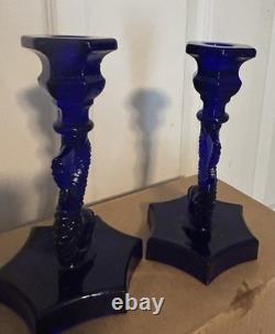 Vintage Westmoreland Cobalt Glass Dolphin Koi Fish Candle Holders 9 3/8 Inch