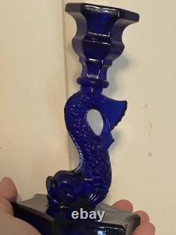 Vintage Westmoreland Cobalt Glass Dolphin Koi Fish Candle Holders 9 3/8 Inch