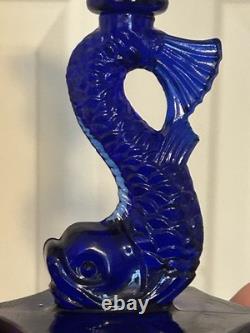 Vintage Westmoreland Cobalt Glass Dolphin Koi Fish Candle Holders 9 3/8 Inch