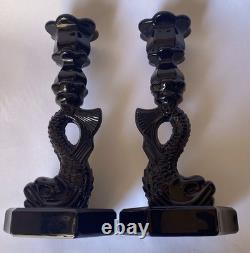Vintage Westmoreland Milk glass Opaque Black Dolphin Candle Holders Pr