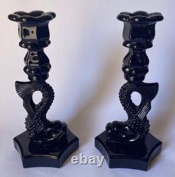 Vintage Westmoreland Milk glass Opaque Black Dolphin Candle Holders Pr