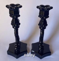 Vintage Westmoreland Milk glass Opaque Black Dolphin Candle Holders Pr