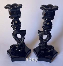 Vintage Westmoreland Milk glass Opaque Black Dolphin Candle Holders Pr