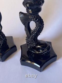 Vintage Westmoreland Milk glass Opaque Black Dolphin Candle Holders Pr