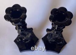 Vintage Westmoreland Milk glass Opaque Black Dolphin Candle Holders Pr
