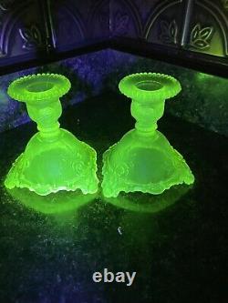 Vintage Westmoreland Vaseline Uranium Yellow-Green Scroll Candle Holders Glows