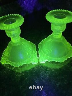 Vintage Westmoreland Vaseline Uranium Yellow-Green Scroll Candle Holders Glows