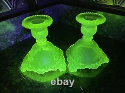 Vintage Westmoreland Vaseline Uranium Yellow-Green Scroll Candle Holders Glows