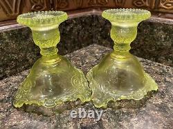 Vintage Westmoreland Vaseline Uranium Yellow-Green Scroll Candle Holders Glows