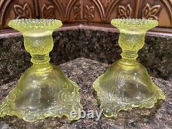 Vintage Westmoreland Vaseline Uranium Yellow-Green Scroll Candle Holders Glows