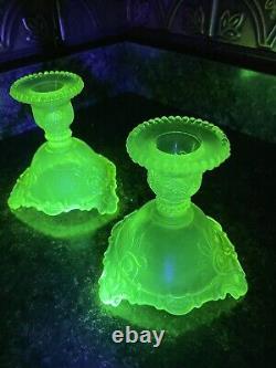 Vintage Westmoreland Vaseline Uranium Yellow-Green Scroll Candle Holders Glows