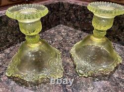 Vintage Westmoreland Vaseline Uranium Yellow-Green Scroll Candle Holders Glows