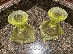 Vintage Westmoreland Vaseline Uranium Yellow-Green Scroll Candle Holders Glows