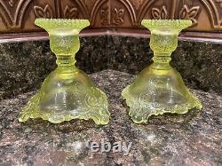 Vintage Westmoreland Vaseline Uranium Yellow-Green Scroll Candle Holders Glows