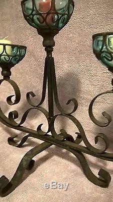 Vintage Wrought Iron And Glass Candle Holder Centerpiece 30 Long 16 high