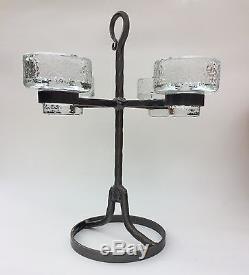 Vintage Wrought Iron Four Arms Candlestick With Glass Candle Holders Sweden 1960