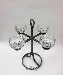 Vintage Wrought Iron Four Arms Candlestick With Glass Candle Holders Sweden 1960