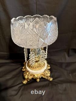 Vintage crystal pedestal bowl with prisms, candle holders (Loevsky) glass fruit