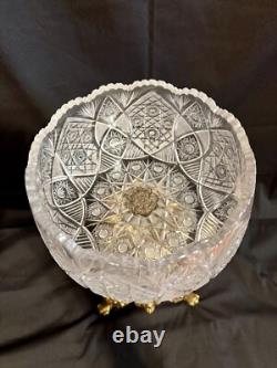 Vintage crystal pedestal bowl with prisms, candle holders (Loevsky) glass fruit