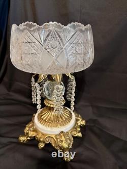 Vintage crystal pedestal bowl with prisms, candle holders (Loevsky) glass fruit