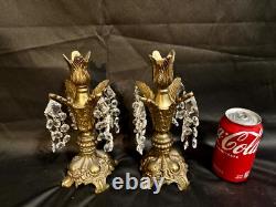 Vintage crystal pedestal bowl with prisms, candle holders (Loevsky) glass fruit
