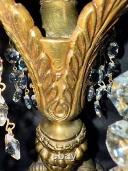 Vintage crystal pedestal bowl with prisms, candle holders (Loevsky) glass fruit