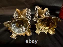 Vintage crystal pedestal bowl with prisms, candle holders (Loevsky) glass fruit