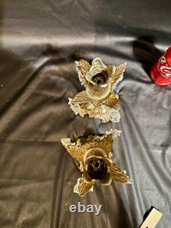 Vintage crystal pedestal bowl with prisms, candle holders (Loevsky) glass fruit